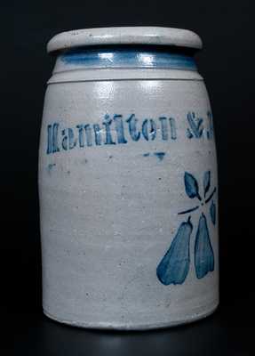 Fine Hamilton & Jones, Greensboro, PA Canning Jar w/ Stenciled Cobalt Pear Decoration