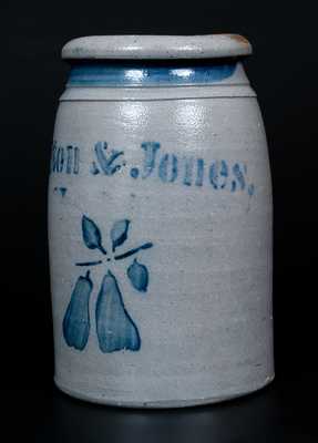 Fine Hamilton & Jones, Greensboro, PA Canning Jar w/ Stenciled Cobalt Pear Decoration