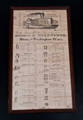 Framed F. WOODWORTH Stoneware Price List, Burlington, Vt., Dated 1885