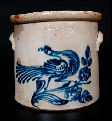 WHITES UTICA Stoneware Crock w/ Elaborate Cobalt Bird and Flowering Vine Decoration