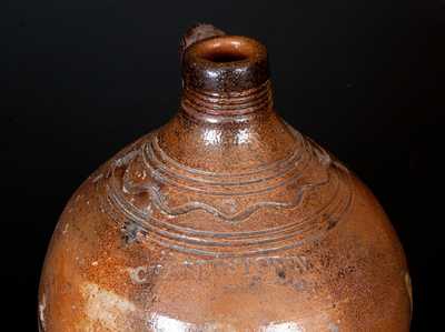 Unusual CHARLESTOWN (Boston) Iron-Dipped Stoneware Jug with Incised Line Decoration