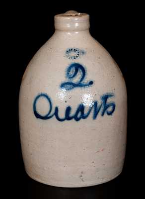Cortland, New York Stoneware Jug with "2 Quarts" in Cobalt Script