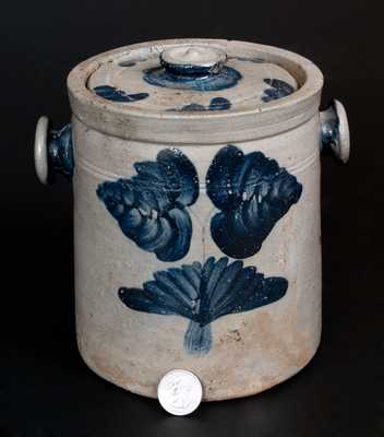 Extremely Rare Baltimore Stoneware Lidded Tobacco Jar w/ Knob Handles and Cobalt Floral Decoration