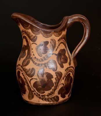 Very Rare Ornate Western PA Tanware Pitcher w/ Elaborate Freehand Fuchsia and Drape Decoration