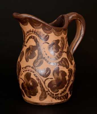 Very Rare Ornate Western PA Tanware Pitcher w/ Elaborate Freehand Fuchsia and Drape Decoration
