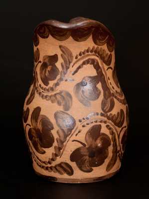 Very Rare Ornate Western PA Tanware Pitcher w/ Elaborate Freehand Fuchsia and Drape Decoration