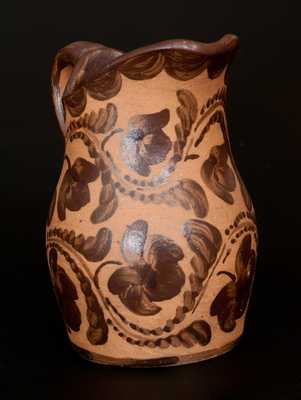 Very Rare Ornate Western PA Tanware Pitcher w/ Elaborate Freehand Fuchsia and Drape Decoration