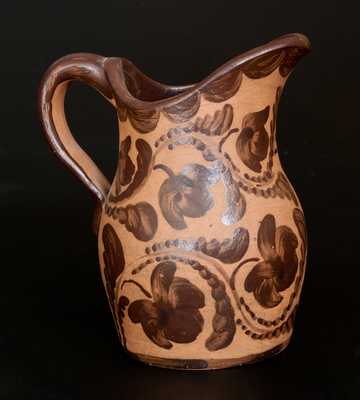 Very Rare Ornate Western PA Tanware Pitcher w/ Elaborate Freehand Fuchsia and Drape Decoration