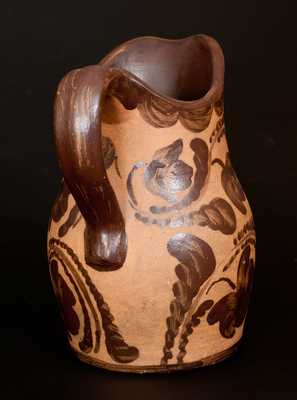 Very Rare Ornate Western PA Tanware Pitcher w/ Elaborate Freehand Fuchsia and Drape Decoration