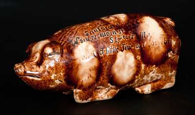Very Rare Anna Pottery Rockingham-Glazed Pig Flask w/ St. Louis, MO Advertising and Detailed Railroad Map