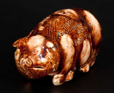 Very Rare Anna Pottery Rockingham-Glazed Pig Flask w/ St. Louis, MO Advertising and Detailed Railroad Map