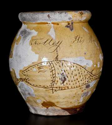 Scarce Sgraffito Redware Sugar Jar with Fish and Bird Decorations, Signed 