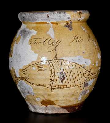 Scarce Sgraffito Redware Sugar Jar with Fish and Bird Decorations, Signed