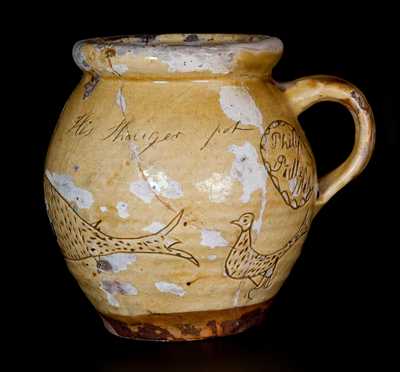 Scarce Sgraffito Redware Sugar Jar with Fish and Bird Decorations, Signed