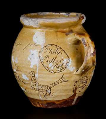 Scarce Sgraffito Redware Sugar Jar with Fish and Bird Decorations, Signed