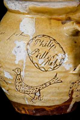 Scarce Sgraffito Redware Sugar Jar with Fish and Bird Decorations, Signed