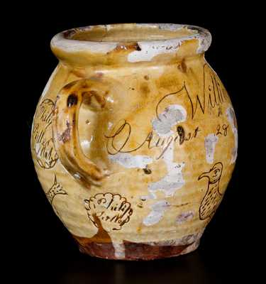 Scarce Sgraffito Redware Sugar Jar with Fish and Bird Decorations, Signed