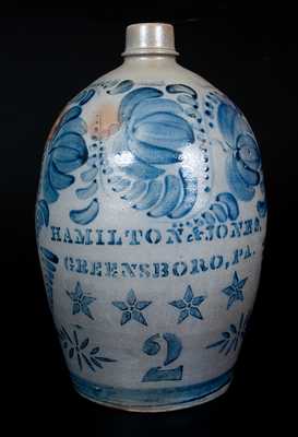 Exceptional HAMILTON & JONES / GREENSBORO, PA Stoneware Jug with Stenciled Stars