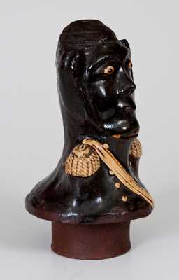 Unusual Glazed Redware Figural Lid in the Form of a Military Figure, probably English