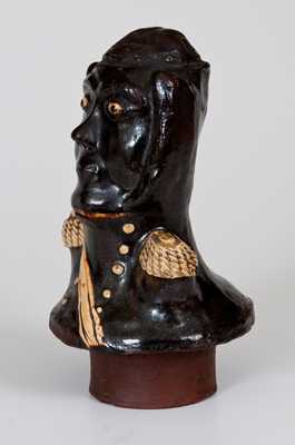 Unusual Glazed Redware Figural Lid in the Form of a Military Figure, probably English