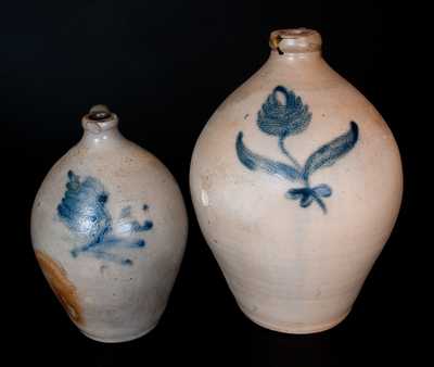 Lot of Two: Ovoid Stoneware Jugs with Cobalt Floral Decoration, probably New York State