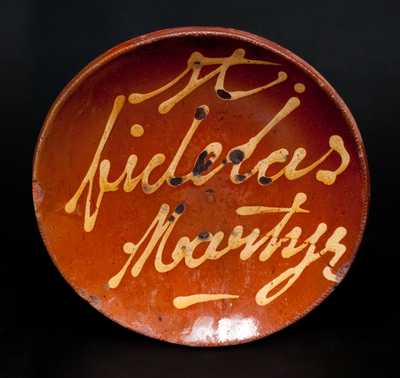 Norwalk, CT Redware Plate with Yellow Slip Inscription