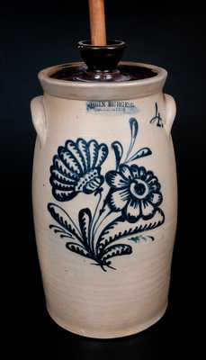 JOHN BURGER / ROCHESTER Stoneware Churn with Slip-Trailed Floral Decoration