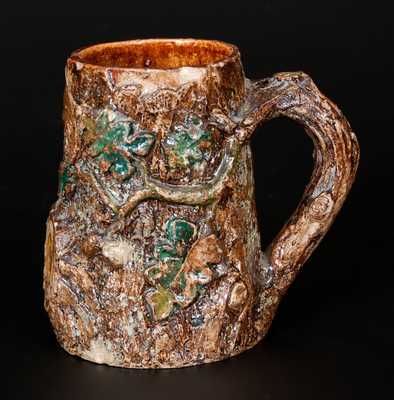 Rare John Fritz, Philadelphia, Rustic Pottery Mug w/ Tree Branch Handle and Oak Leaves and Acorns