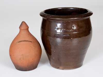 Lot of Two: LEWISTOWN POTTERY Stoneware Cream Jar and Redware Bank