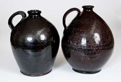 Attrib. Thorn Pottery, Chesterfield, NJ Ovoid Redware Jugs w/ Heavy Strap Handles (Lot of Two)