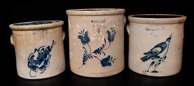 Lot of Three: Stoneware Crocks, FORT EDWARD, NY Bird, M. WOODRUFF / CORTLAND and E. & L. P. NORTON