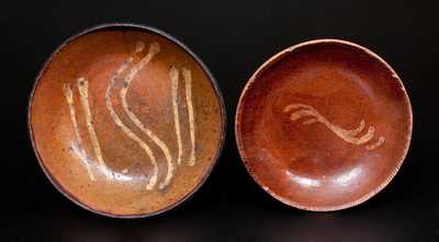 Lot of Two: Redware Dishes with Yellow Slip Decoration