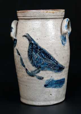 Exceptional Miniature Stoneware Churn w/ Detailed Incised Bird, Inscribed 