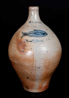 Exceptional BOSTON Stoneware Jug w/ Impressed Large and Small Fish, circa 1795