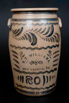 Exceptional 20 Gal. R. T. WILLIAMS / NEW GENEVA, PA Stoneware Crock with Profuse Brushed Decoration