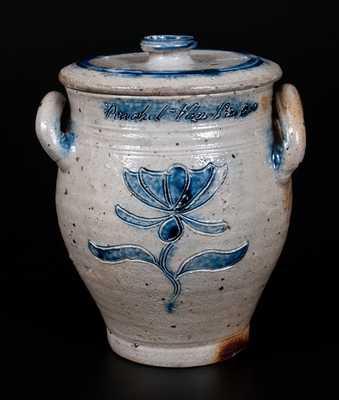 Very Important Diminutive Manhattan Stoneware Lidded Jar Inscribed Rachel Van Riper / November 10, 1800