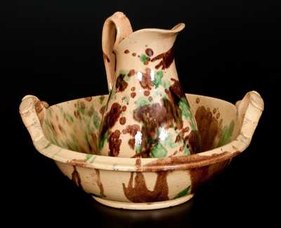 Shenandoah Valley Multi-Glazed Redware Pitcher and Washbowl Set, att. S. Bell & Sons, Strasburg, VA, circa 1890