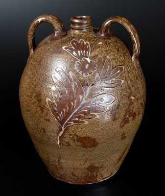 Exceptional Collin Rhodes, Edgefield, SC Stoneware Jug w/ Elaborate Two-Color Slip Floral Decoration, c1845