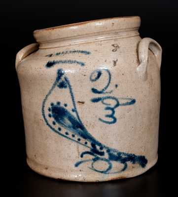 Two-Gallon S. HART / FULTON Stoneware Jar w/ Cobalt Bird Decoration, c1860