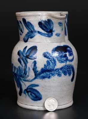 Very Fine Quart Baltimore Stoneware Pitcher w/ Vibrant Cobalt Floral Decoration