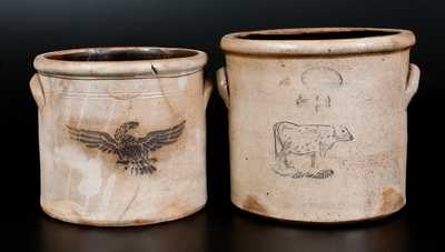 Two Stoneware Crocks: Gardiner, Maine Cow Crock & Huntington, Long Island Crock