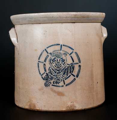 F.T. WRIGHT & SON, / STONE WARE / TAUNTON, MASS. Three-Gallon Crock w/ Stenciled Tiger