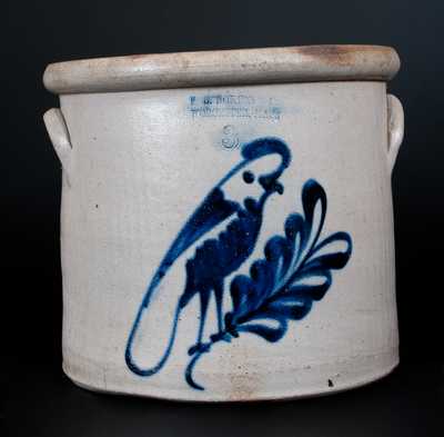 F.B. NORTON & CO / WORCESTER, MASS Three-Gallon Stoneware Crock w/ Cobalt Parrot Decoration