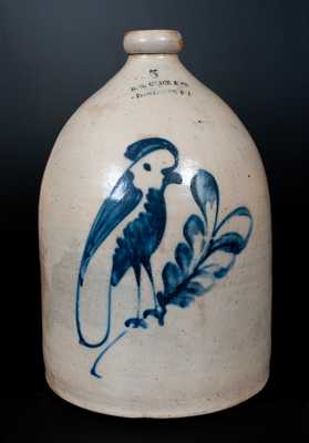 B.G. CHACE & CO / PROVIDENCE R I Five-Gallon Advertising Jug w/ Cobalt Parrot att. Norton, Worcester, MA