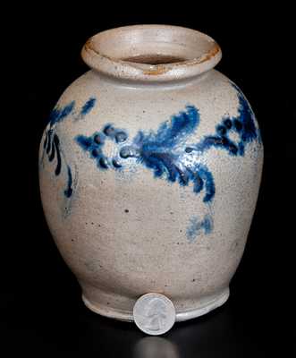 Rare Small Ovoid Baltimore Stoneware Jar w/ Slip-Trailed Floral Decoration, c1820