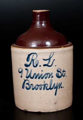 Brooklyn, NY Advertising Script Jug att. Fulper Bros., Flemington, NJ 