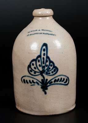 SUTTON & HUESTIS / BROOKLYN Stoneware Advertising Jug w/ Slip-Trailed Floral Decoration