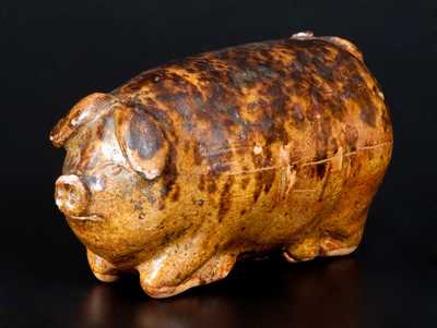 Unusual Rockingham Pig Flask with Manganese Sponging, probably Midwestern, circa 1875-95