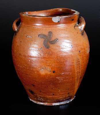 Unusual Ovoid Stoneware Jar with Loop Handles and Cobalt Fylfot