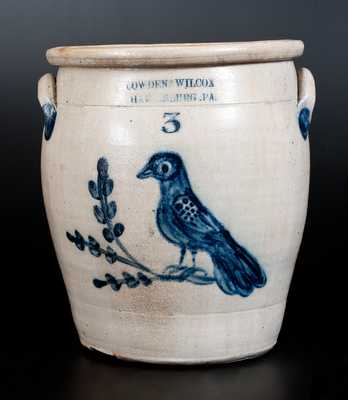 COWDEN & WILCOX / HARRISBURG, PA Three-Gallon Stoneware Jar w/ Outstanding Shaded Bird Decoration